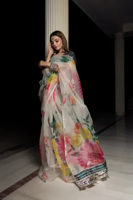 White Organza Silk Floral Print Saree with Tafetta Green Blouse