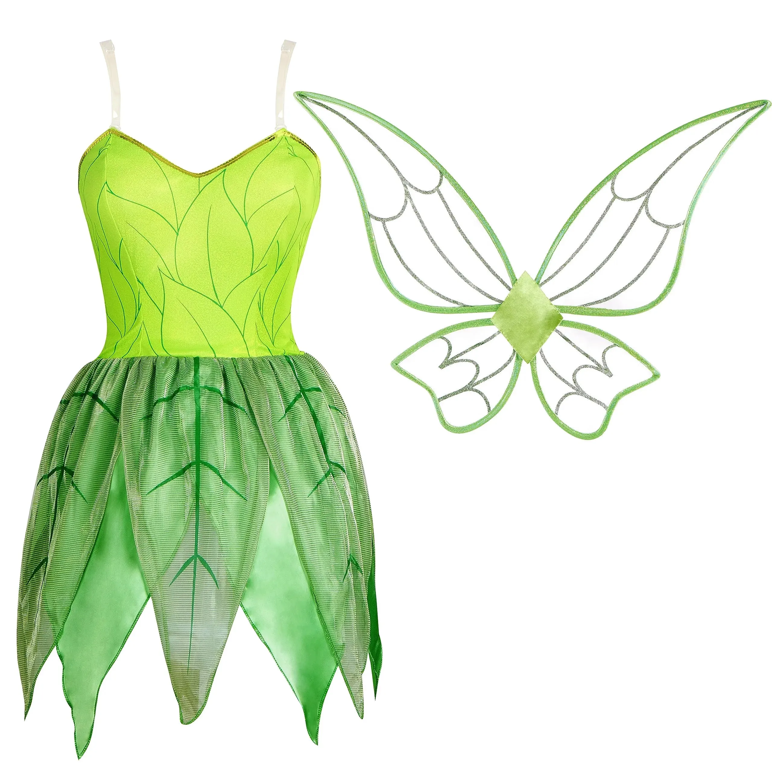 Women Green Fairy Fairytale Dress with Wings Costume Set