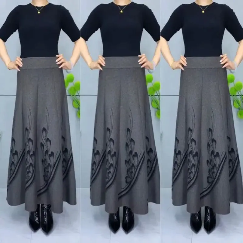 Women’s Elegant High-Waist A-Line Faux Wool Skirt