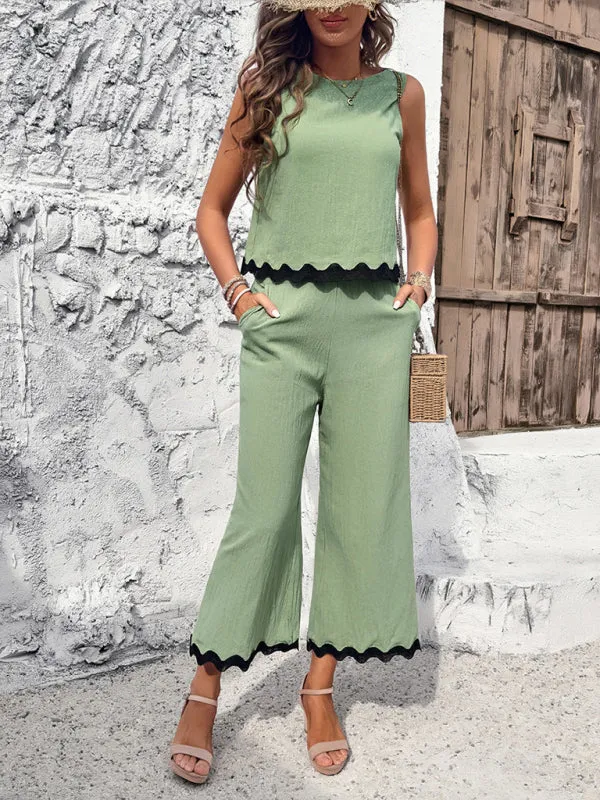 Women's Matching Ric-Rac Vacation Set - Sleeveless Top & Culotte Pants