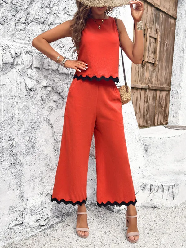 Women's Matching Ric-Rac Vacation Set - Sleeveless Top & Culotte Pants