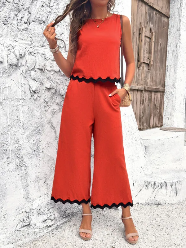 Women's Matching Ric-Rac Vacation Set - Sleeveless Top & Culotte Pants