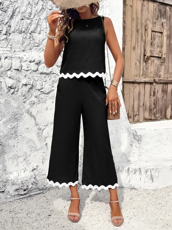 Women's Matching Ric-Rac Vacation Set - Sleeveless Top & Culotte Pants