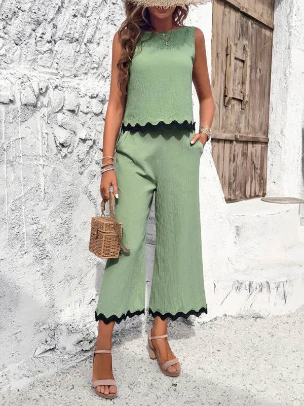 Women's Matching Ric-Rac Vacation Set - Sleeveless Top & Culotte Pants