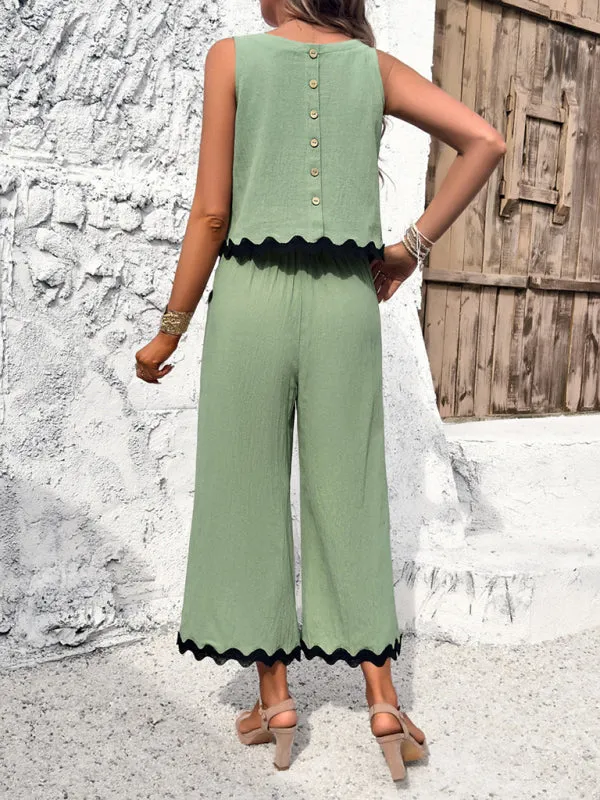 Women's Matching Ric-Rac Vacation Set - Sleeveless Top & Culotte Pants