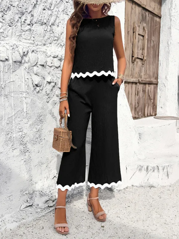 Women's Matching Ric-Rac Vacation Set - Sleeveless Top & Culotte Pants