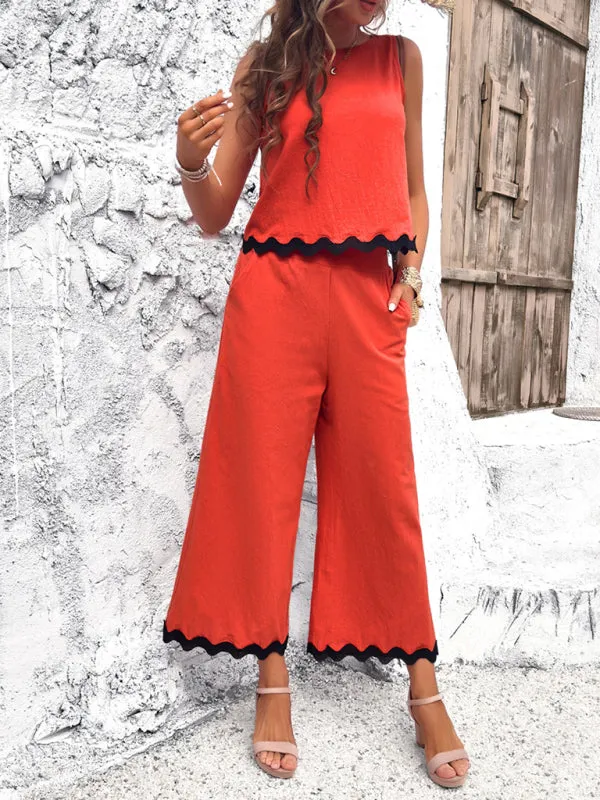 Women's Matching Ric-Rac Vacation Set - Sleeveless Top & Culotte Pants