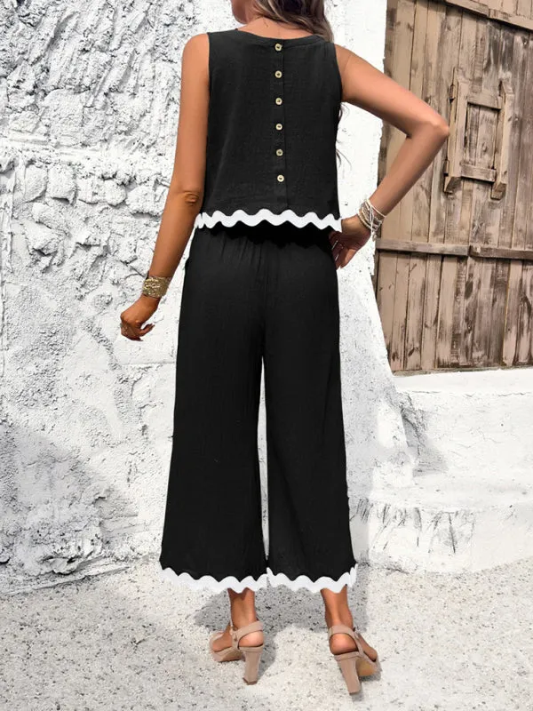 Women's Matching Ric-Rac Vacation Set - Sleeveless Top & Culotte Pants