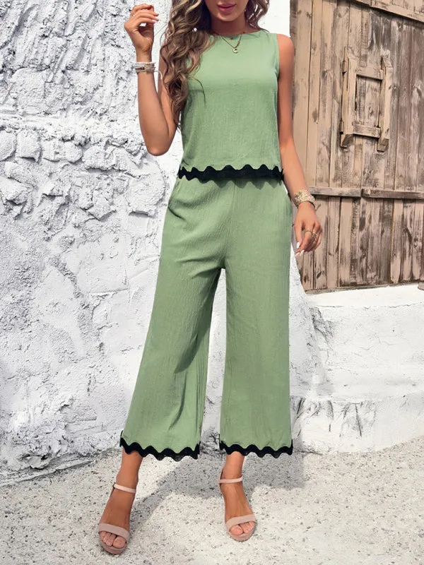 Women's Matching Ric-Rac Vacation Set - Sleeveless Top & Culotte Pants