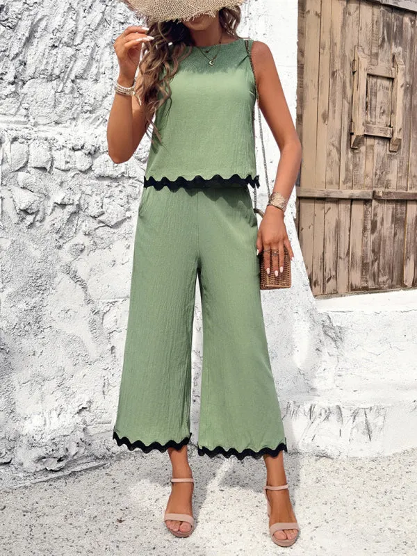 Women's Matching Ric-Rac Vacation Set - Sleeveless Top & Culotte Pants