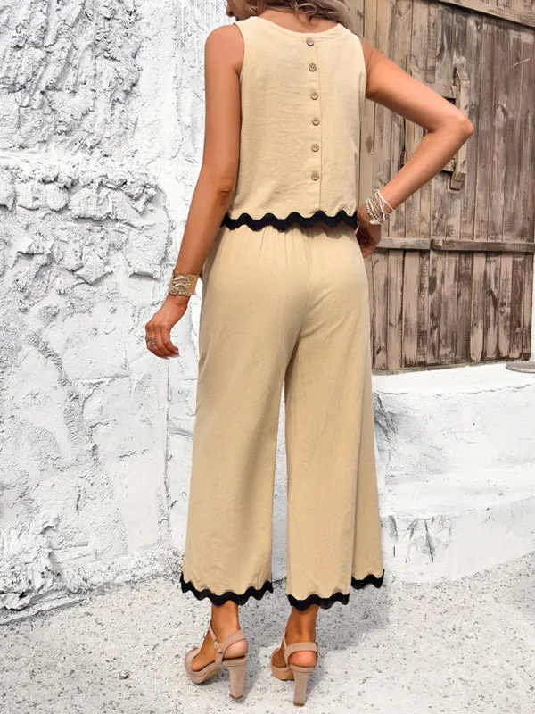 Women's Matching Ric-Rac Vacation Set - Sleeveless Top & Culotte Pants