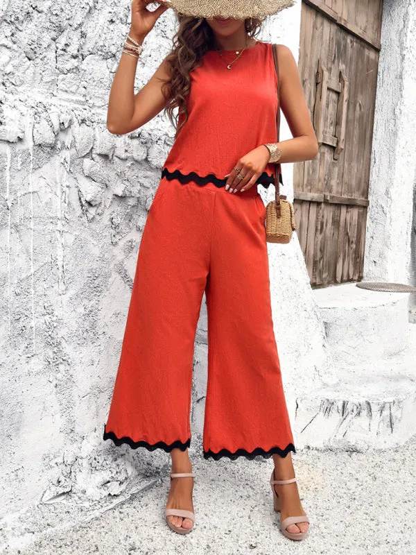 Women's Matching Ric-Rac Vacation Set - Sleeveless Top & Culotte Pants