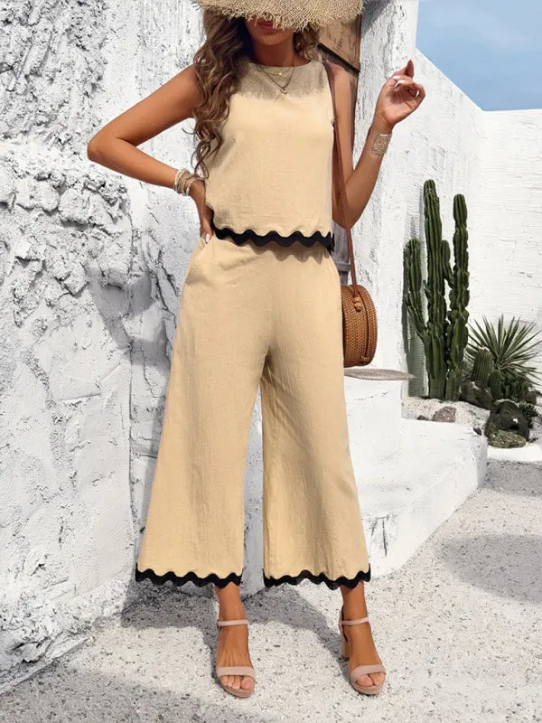 Women's Matching Ric-Rac Vacation Set - Sleeveless Top & Culotte Pants