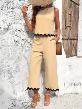 Women's Matching Ric-Rac Vacation Set - Sleeveless Top & Culotte Pants