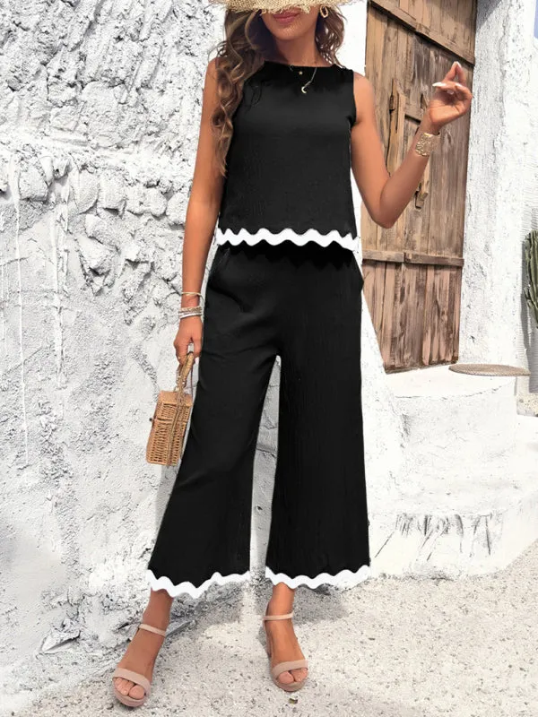 Women's Matching Ric-Rac Vacation Set - Sleeveless Top & Culotte Pants