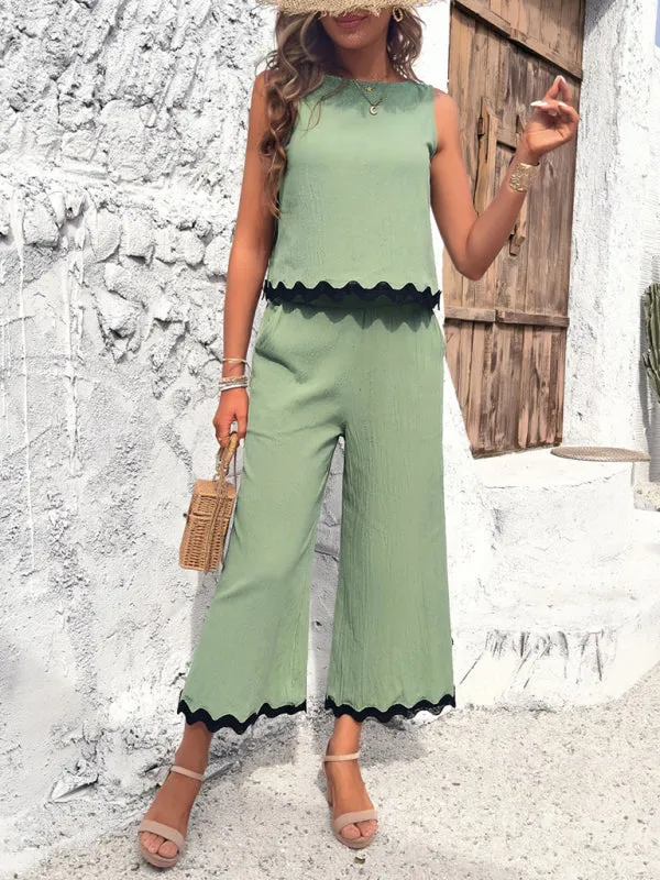 Women's Matching Ric-Rac Vacation Set - Sleeveless Top & Culotte Pants