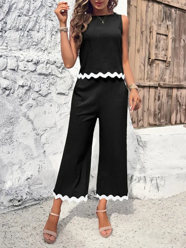 Women's Matching Ric-Rac Vacation Set - Sleeveless Top & Culotte Pants