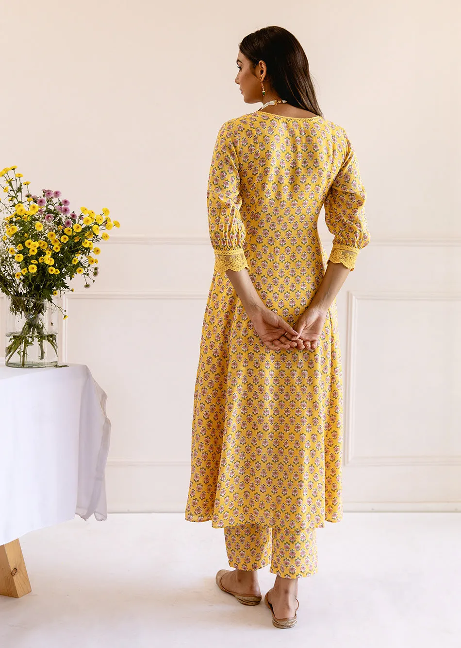 Yellow Muslin Silk Waist Detailed Anarkali Set