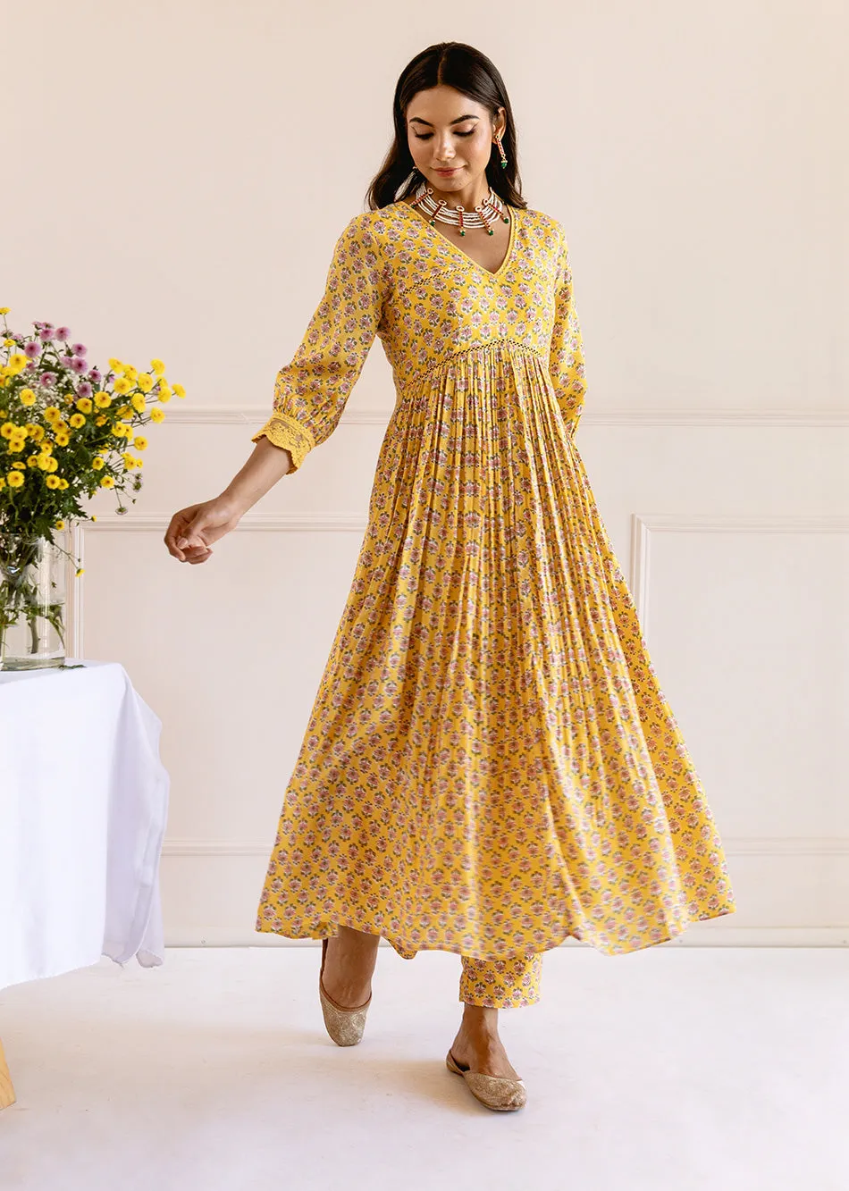 Yellow Muslin Silk Waist Detailed Anarkali Set