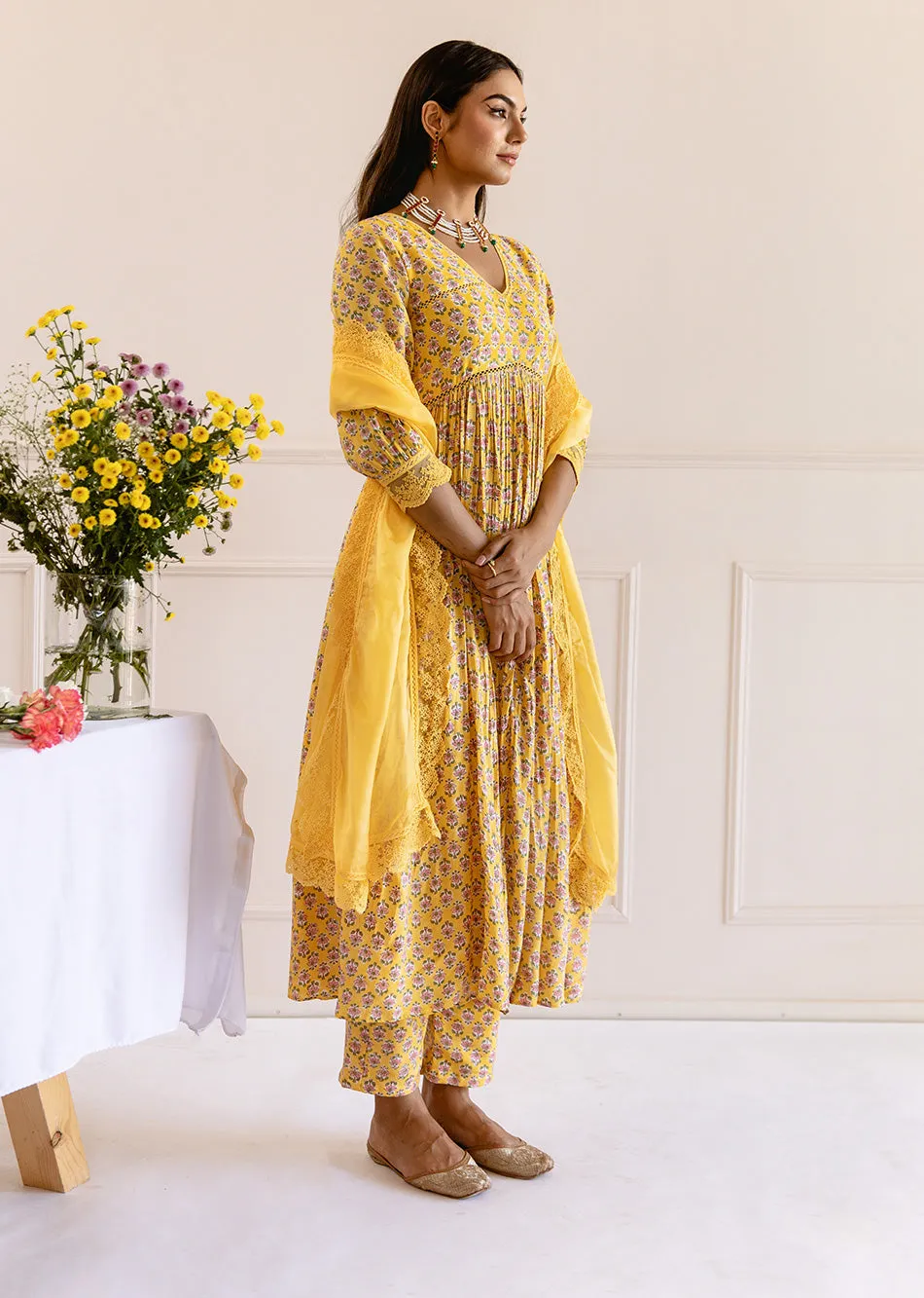 Yellow Muslin Silk Waist Detailed Anarkali Set