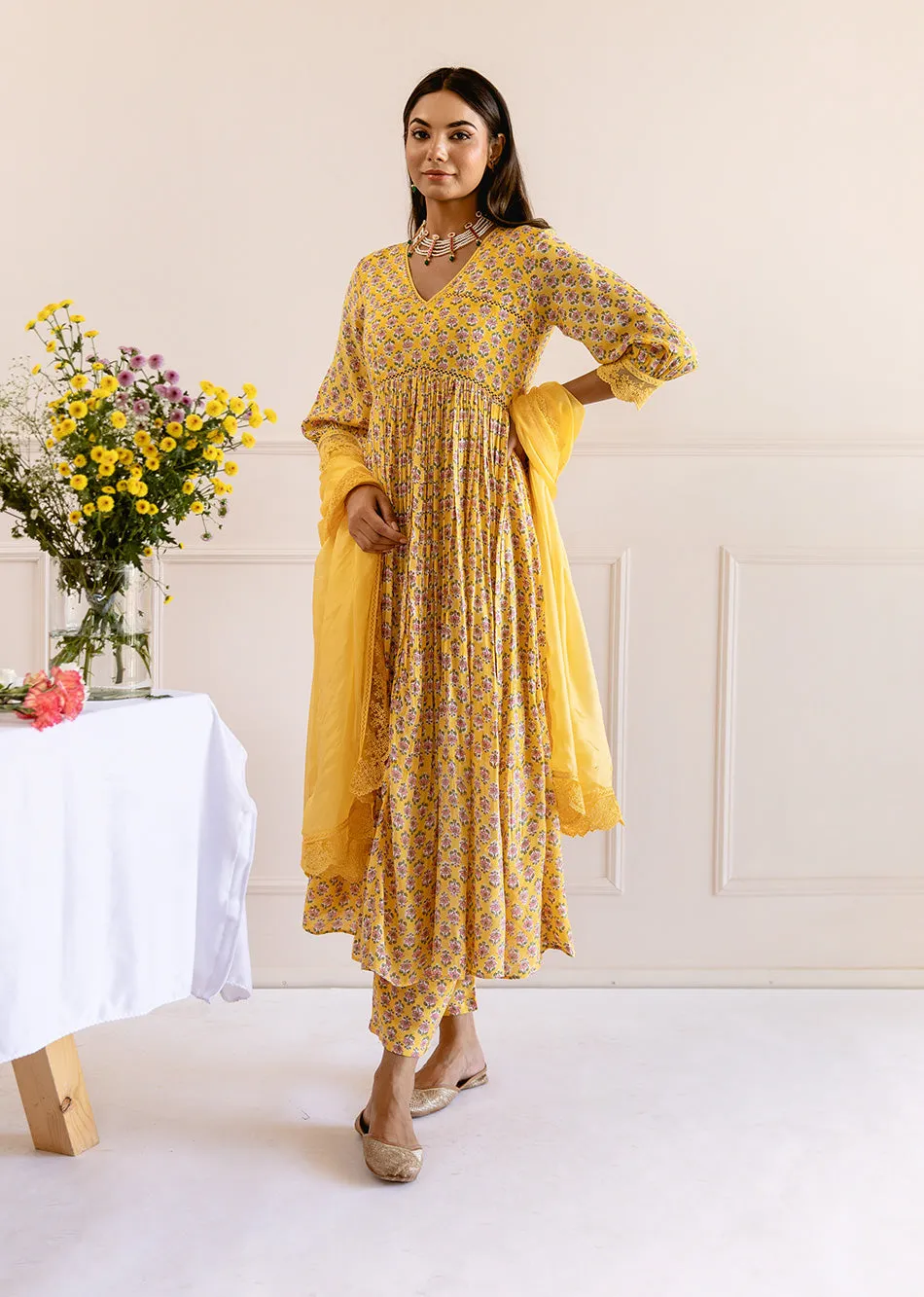 Yellow Muslin Silk Waist Detailed Anarkali Set