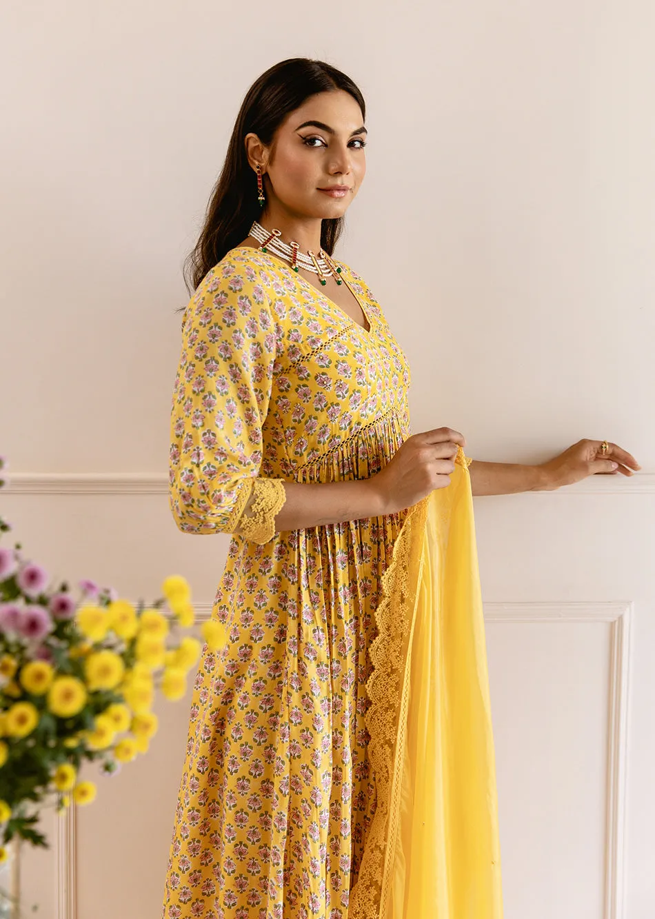 Yellow Muslin Silk Waist Detailed Anarkali Set