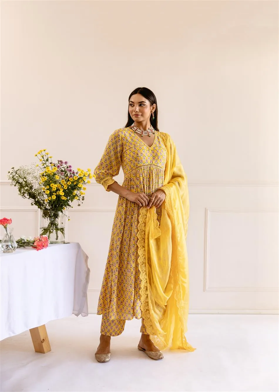 Yellow Muslin Silk Waist Detailed Anarkali Set